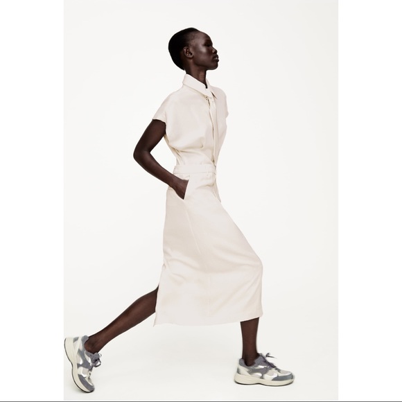 ZARA Limited Edition Tailored Layered Ecru Cream Corporate Midi Shirt Dress Tie - Picture 3 of 16